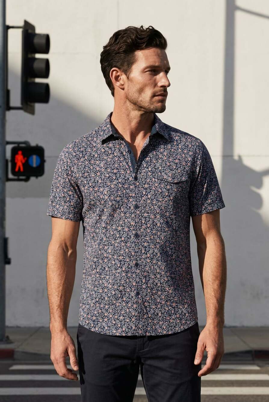 Wolfe Republic Floral Print Short Sleeve Button Down Casual Shirt-Large